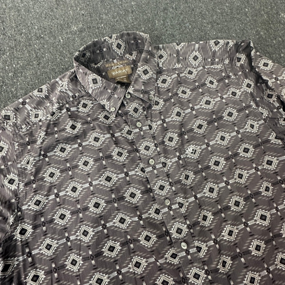 Ariat Button Down Shirt Men XXL Gray Geometric Southwestern Fitted Stretch LS